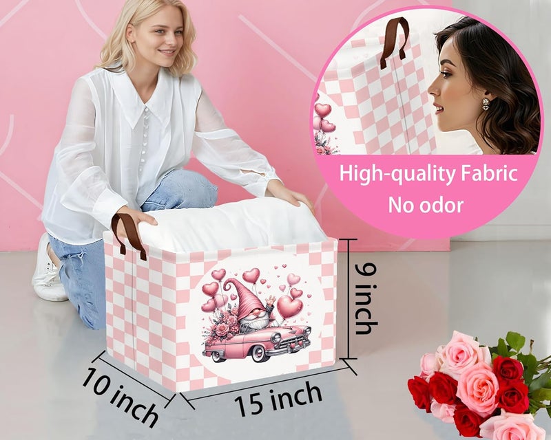 BOOHIT Valentines Day Basket Large Foldable Heart Shaped Storage Box for Gifts Kids Empty Storage Bins Rectangular Toy Organizer Decor (Pink Gnome Car) - Image 2